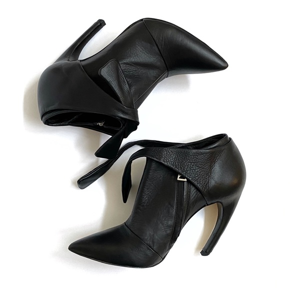 PROENZA SCHOULER black leather tie strap curved heel pointed ankle boots booties - Picture 4 of 12